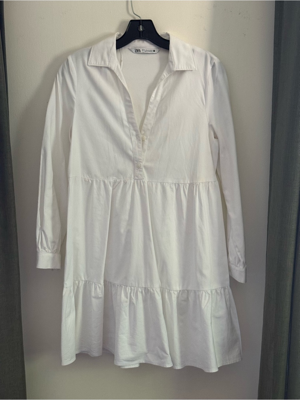 Zara White Long-Sleeve Tiered Poplin Dress